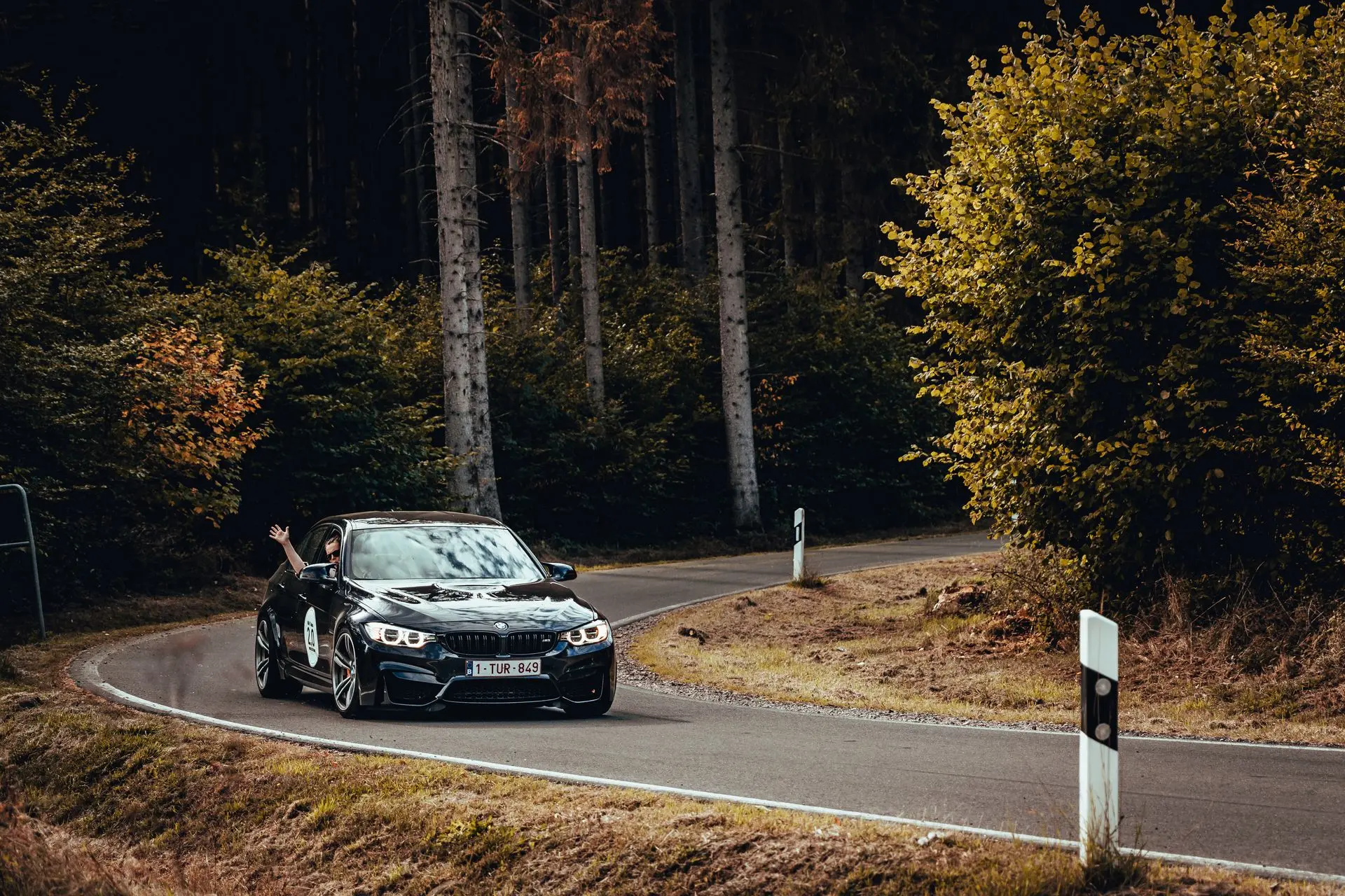 Black BMW M3 driving down a windy road in the woods