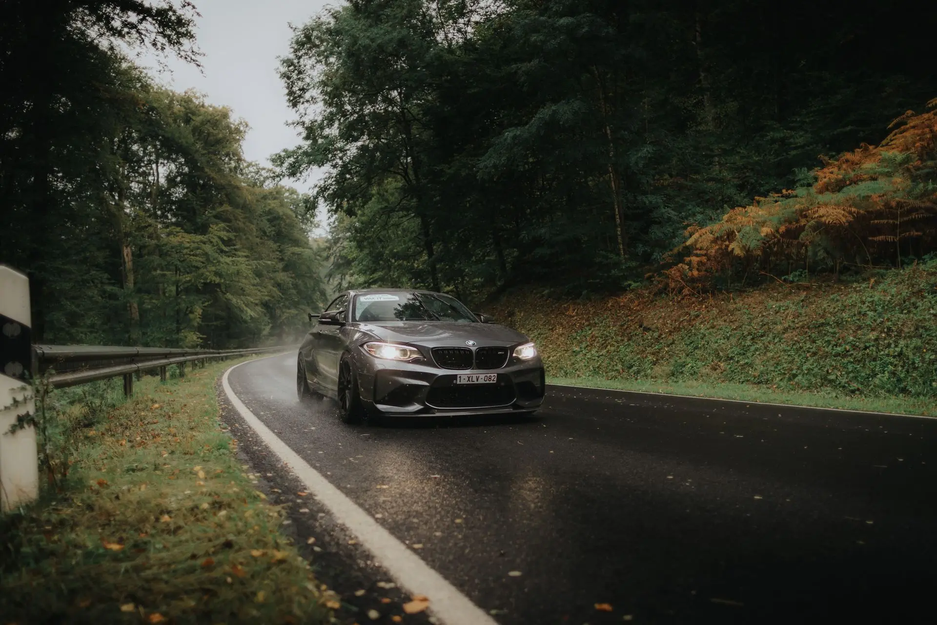 Gray BMW M2 on wet road in rainy forest