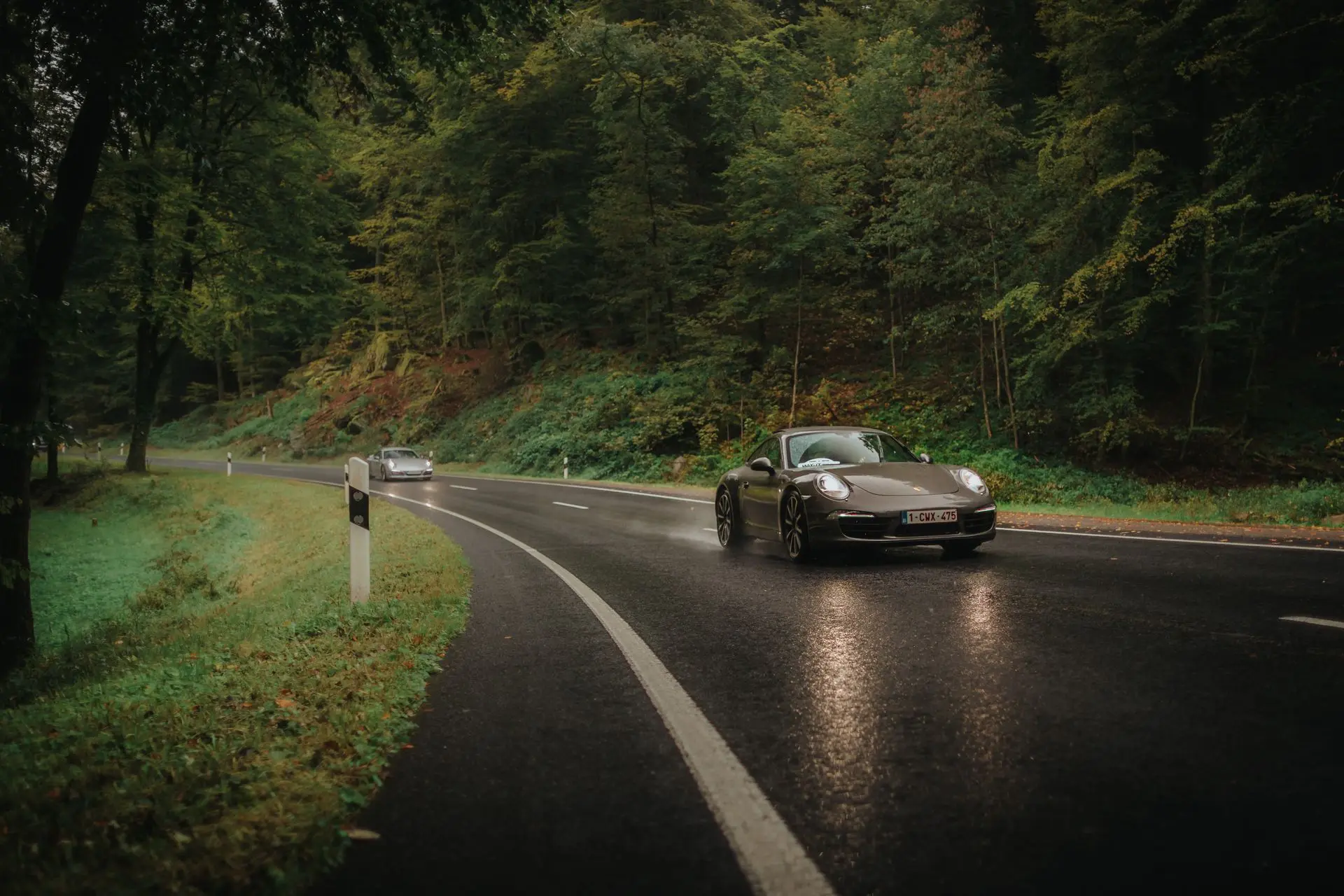 Brown porsche 911 driving on wet road trough rainy forest
